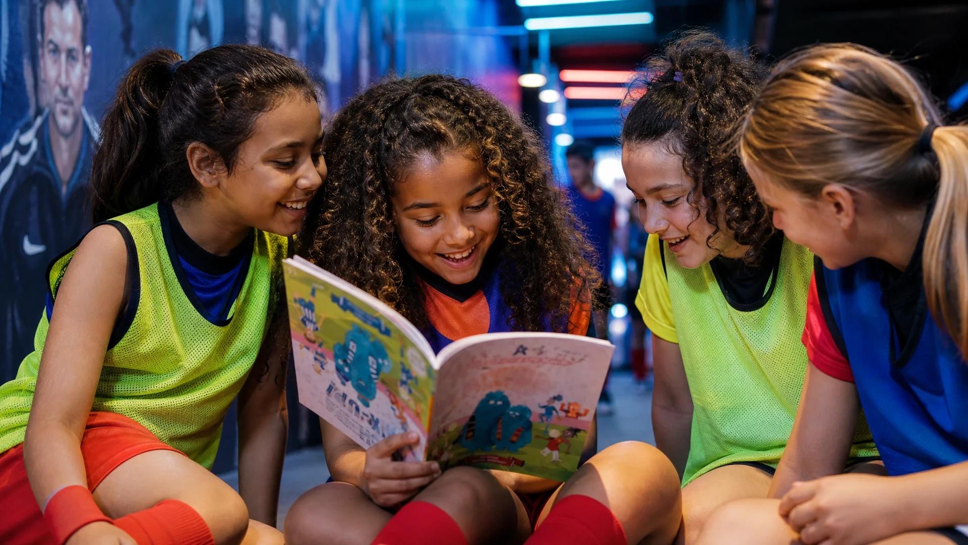 A group of young girls in sports gear gathered around a book in a corridor, illuminated by neon lights.