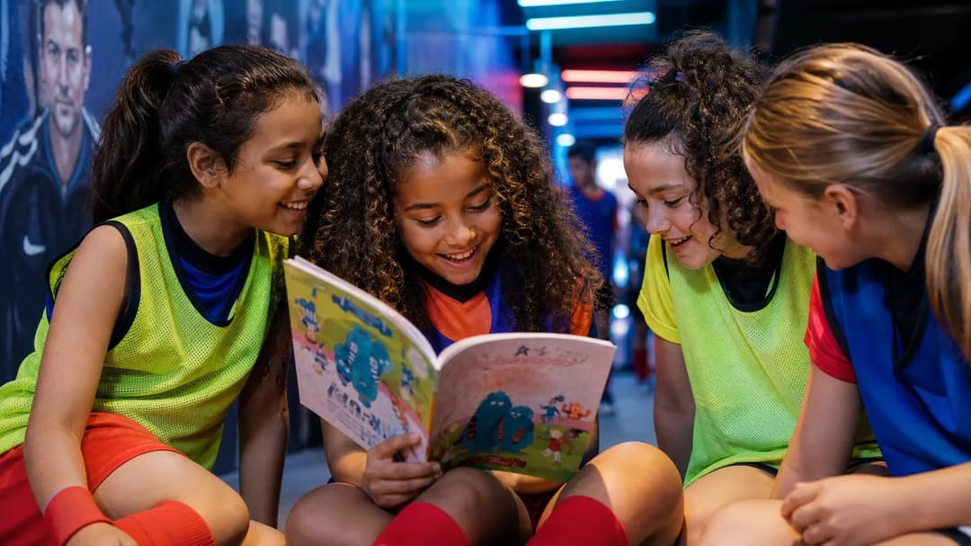 A group of young girls in sports gear gathered around a book in a corridor, illuminated by neon lights.