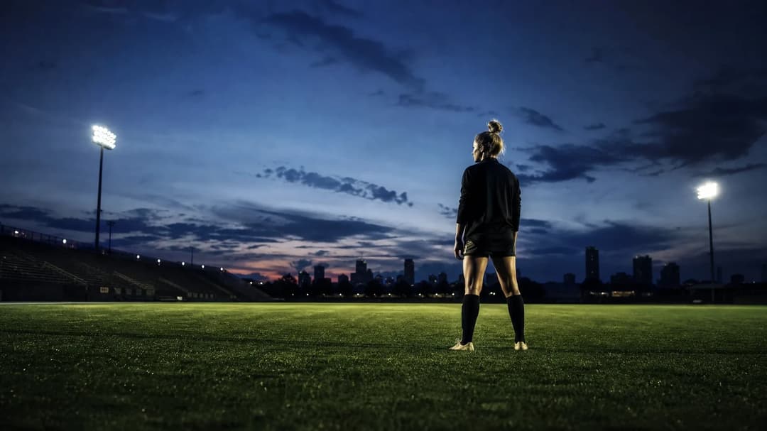Houston Dash midfielder Kat Rader poses on the pitch at dusk, illuminated by cold artificial lighting.