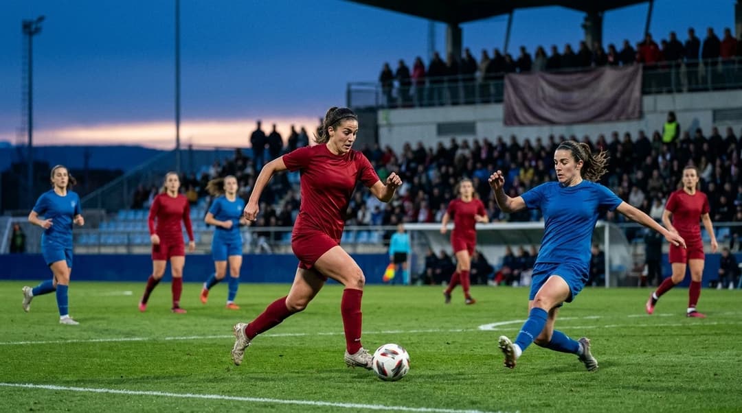 A football match scene with players from EDF Logroño and Athletic Club competing at dusk.