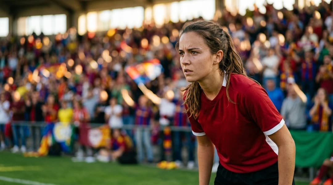 A female football player from VfB Stuttgart stands focused with a cheering crowd in the background.
