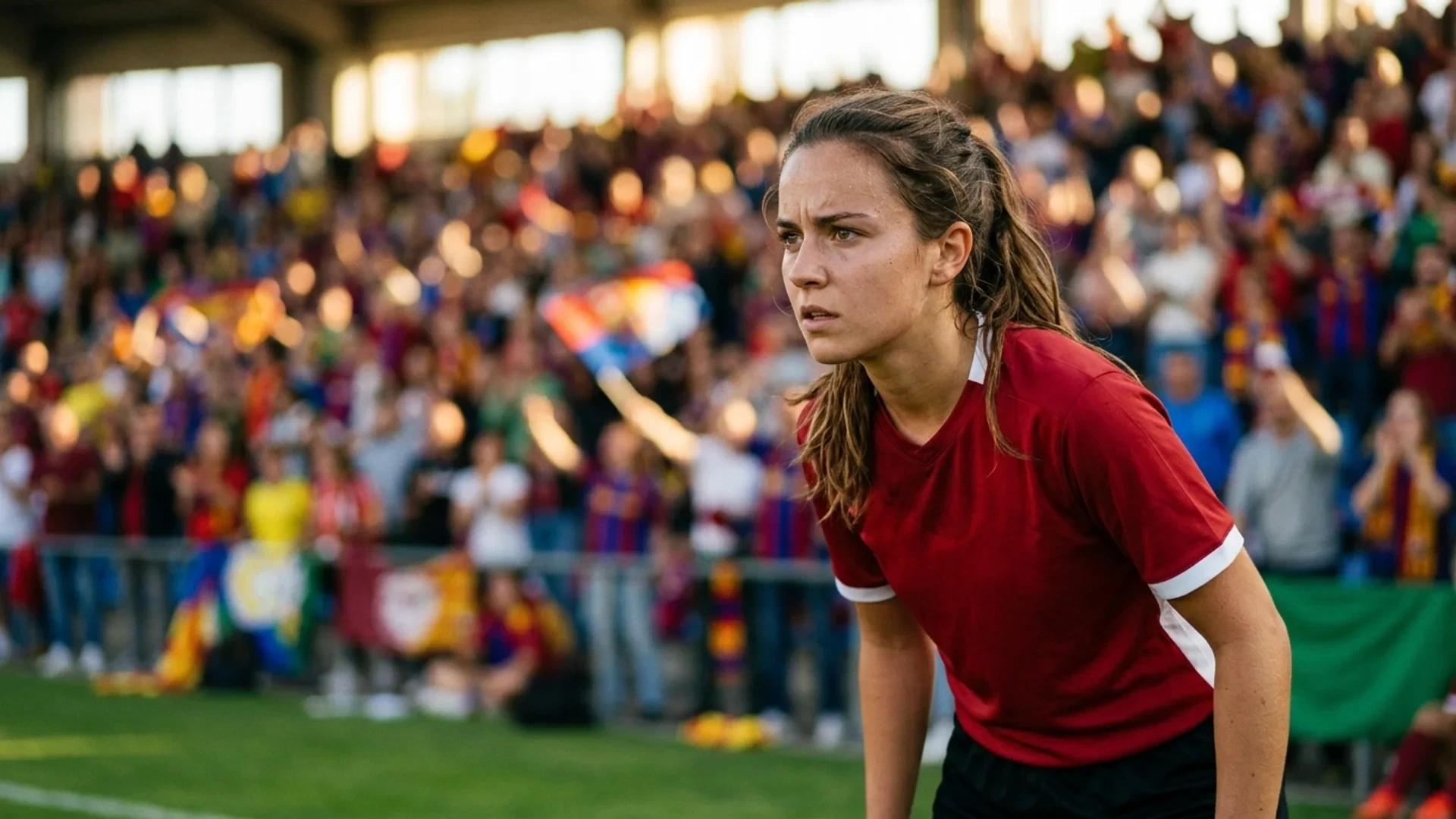 A female football player from VfB Stuttgart stands focused with a cheering crowd in the background.