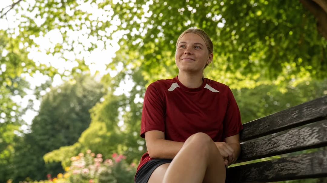 A young woman with dark hair in a casual sports outfit sits on a bench looking up through leafy trees.