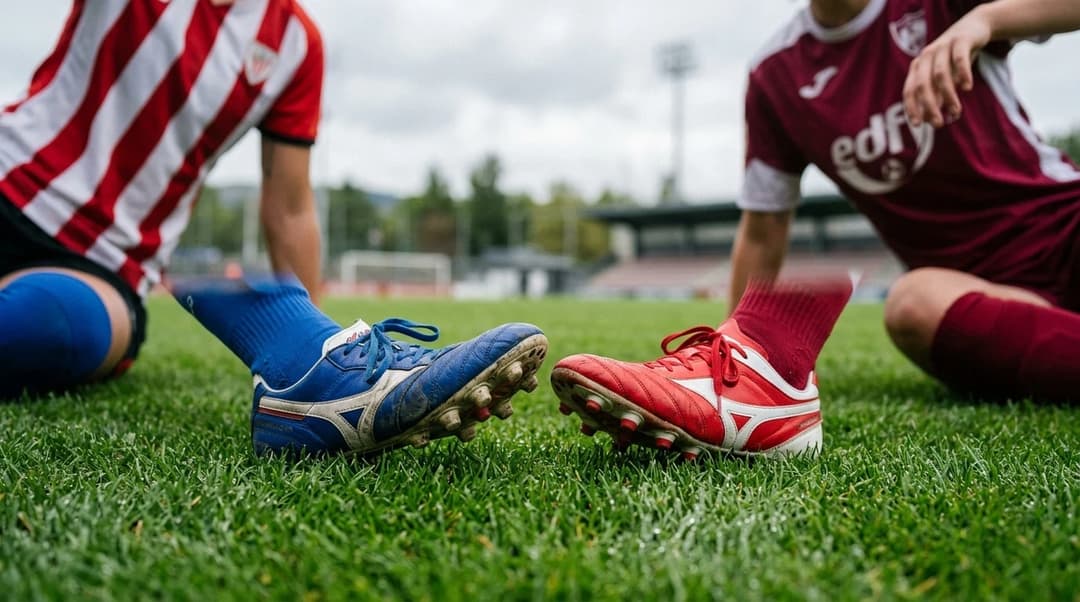 A close-up view of two football cleats on a grass pitch, symbolizing two competing teams.