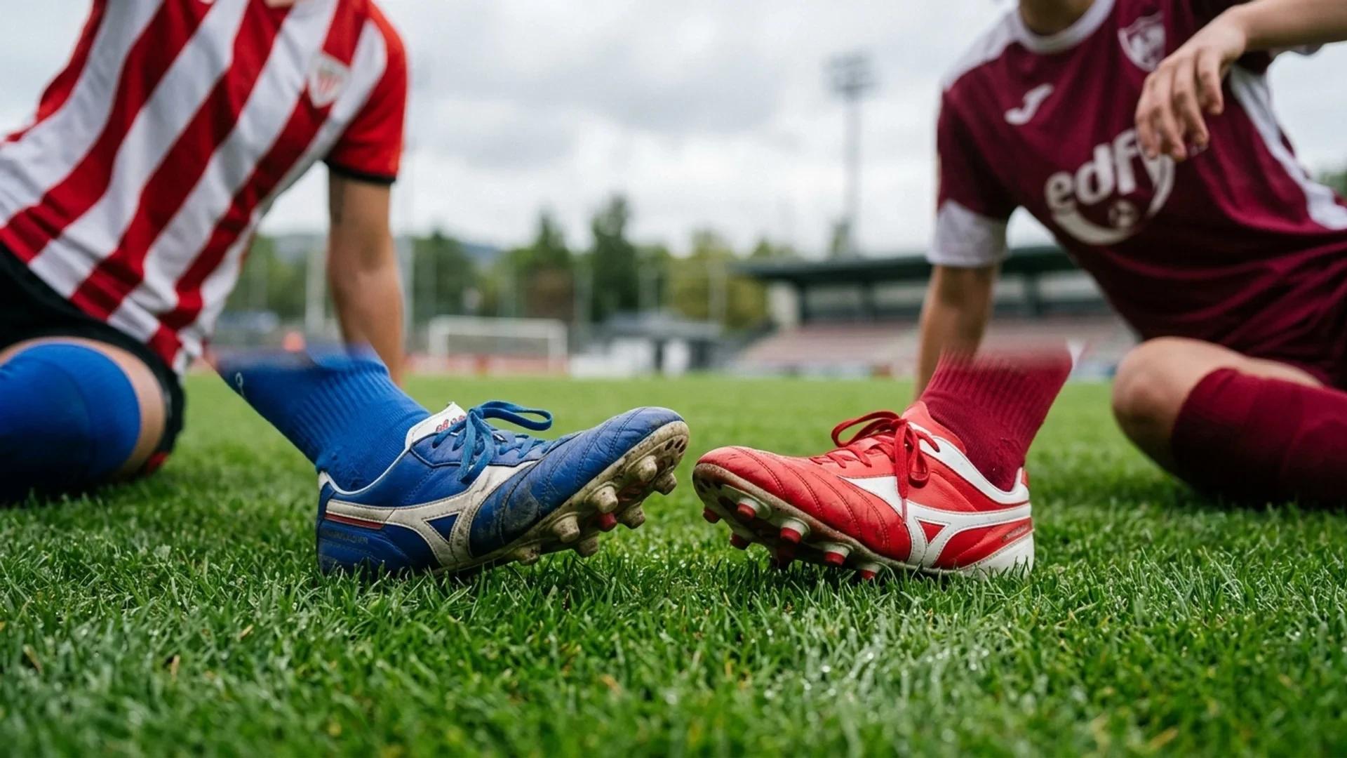 A close-up view of two football cleats on a grass pitch, symbolizing two competing teams.