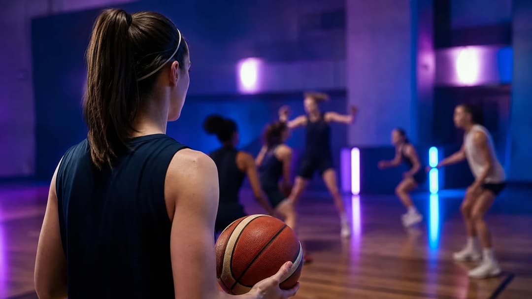 Caitlin Clark stands focused in training, holding a basketball.