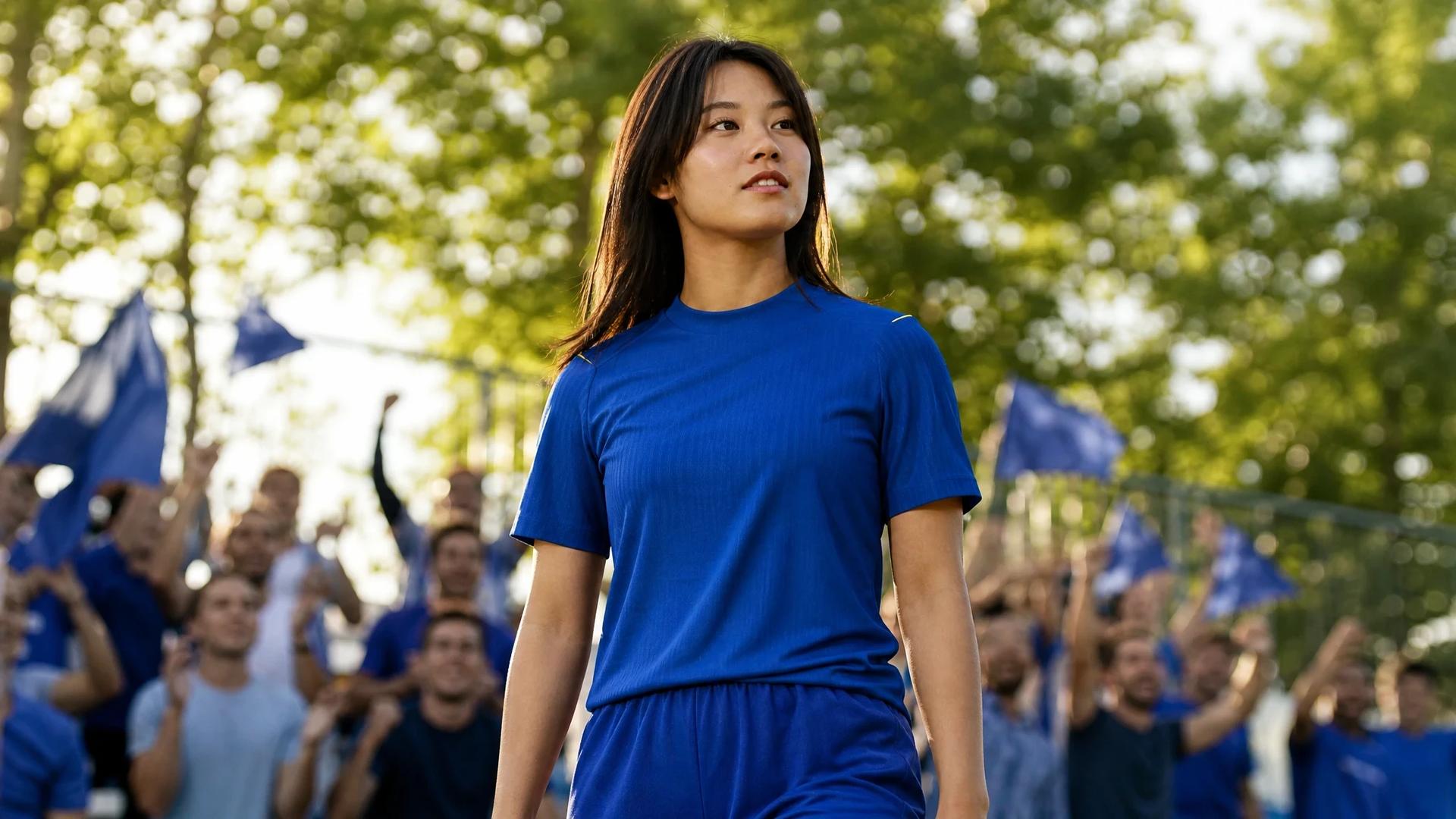 Manaka Matsukubo silhouetted against a bright training ground backdrop with fans cheering.