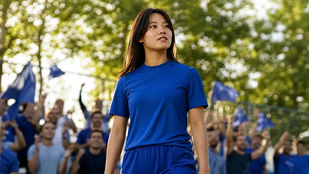 Manaka Matsukubo silhouetted against a bright training ground backdrop with fans cheering.