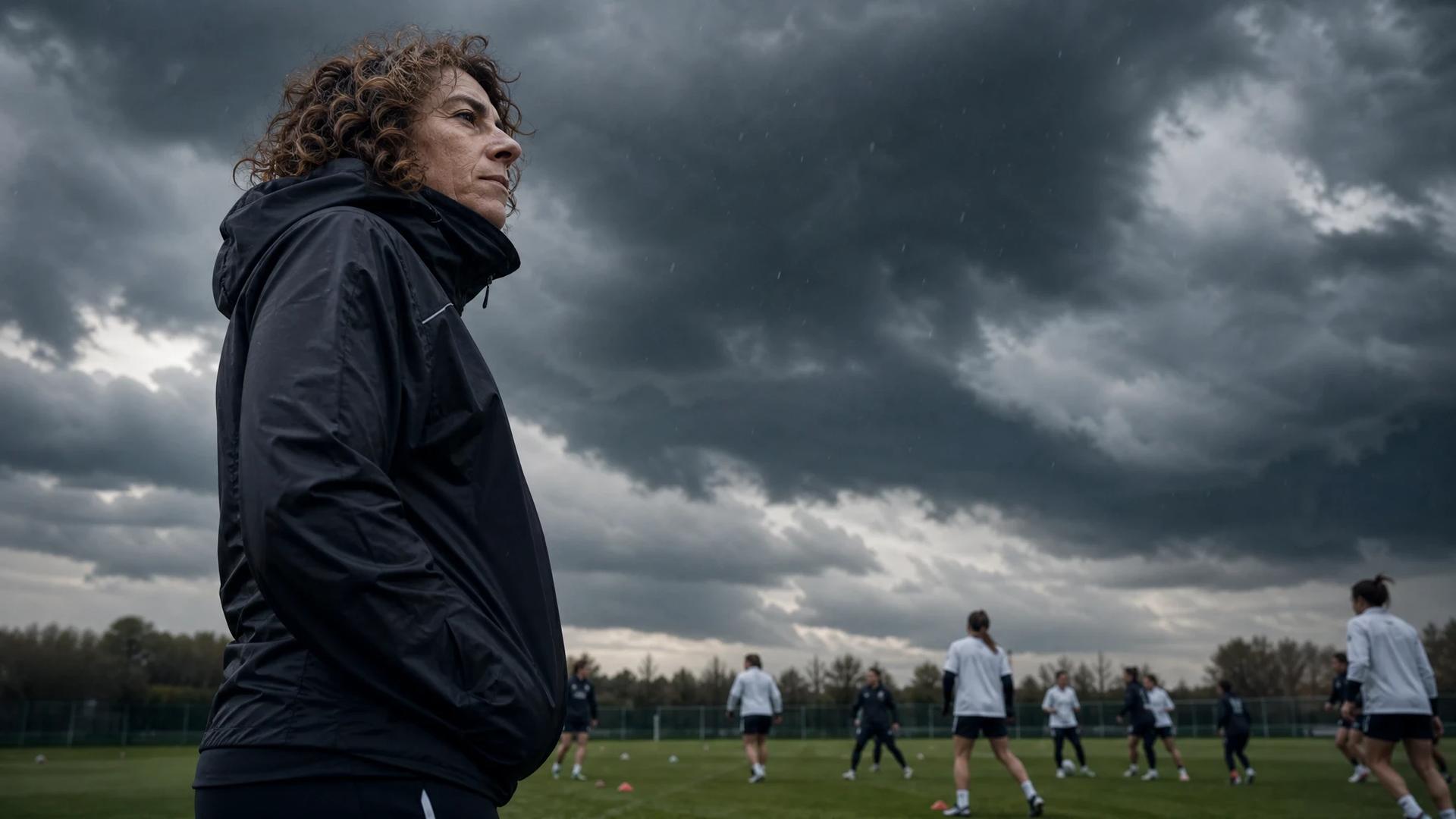 A silhouette of West Ham United coach Rita Guarino at a training ground under a stormy sky, overseeing players training.