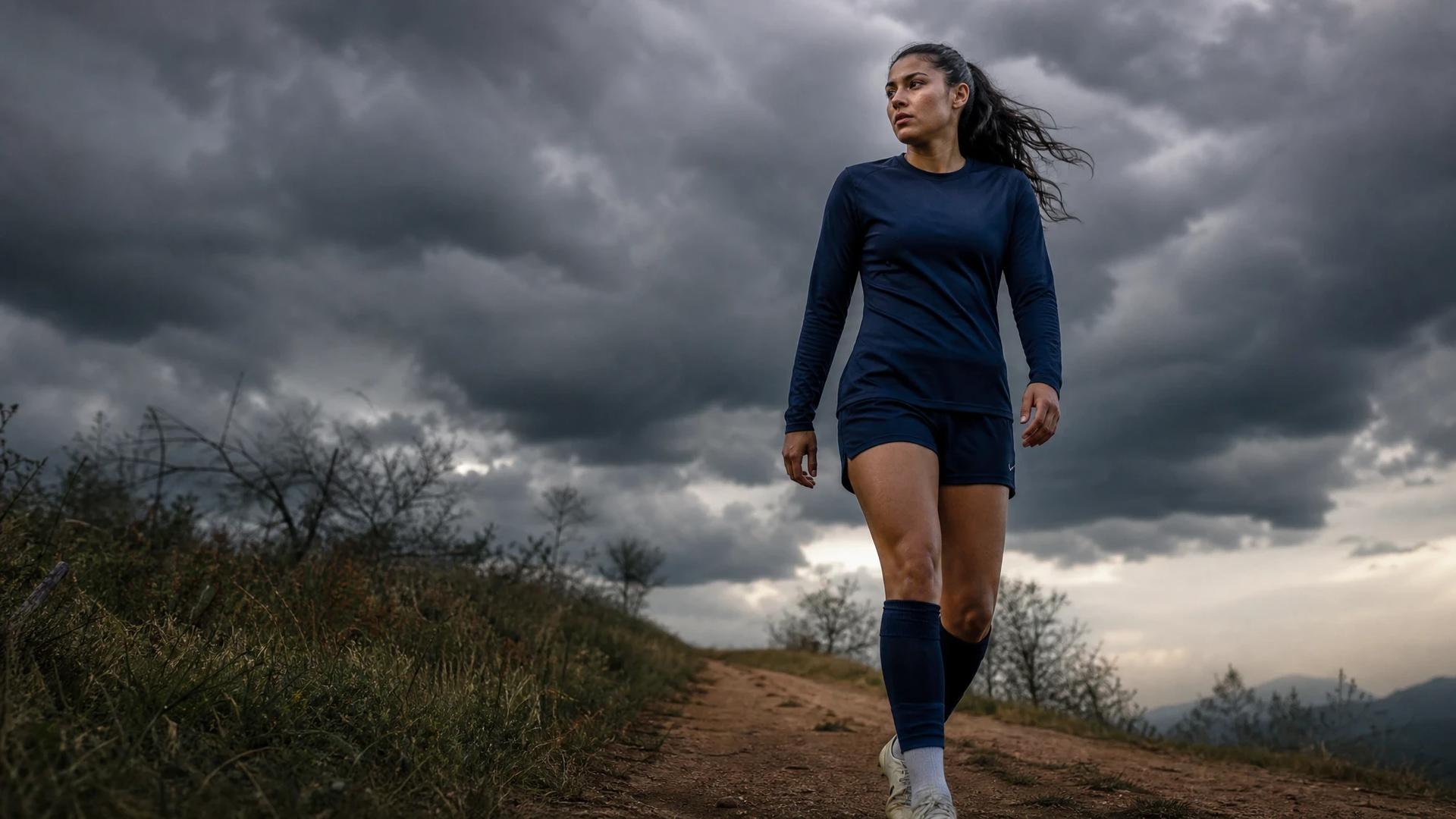 Ashley Sanchez walking along a grassy path under dramatic storm clouds.