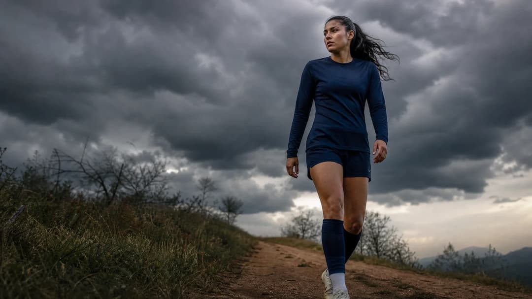 Ashley Sanchez walking along a grassy path under dramatic storm clouds.