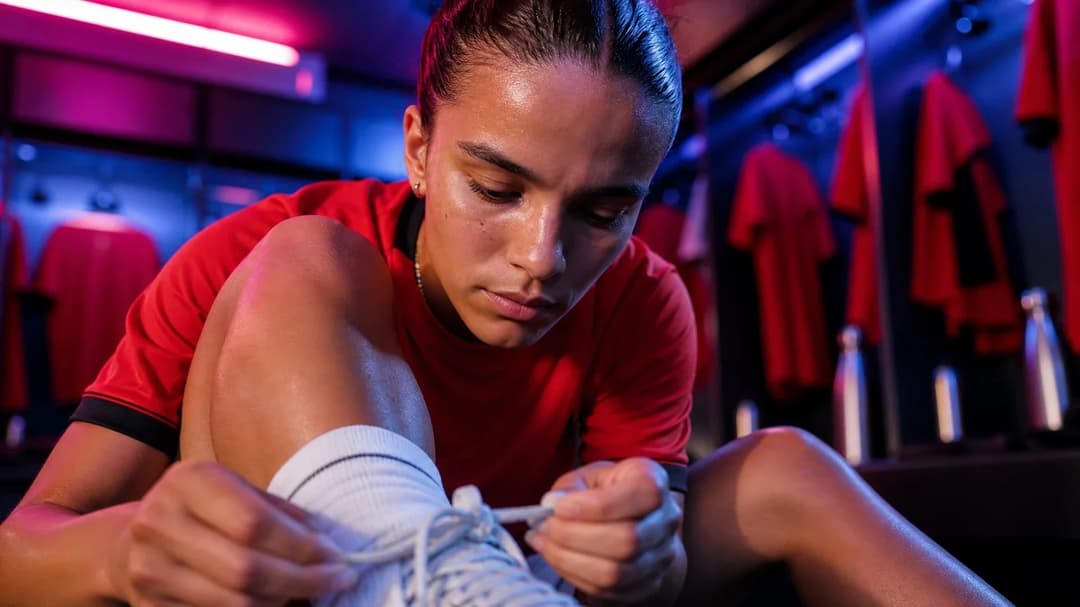 Ava Baker tying her shoelaces in a locker room, illuminated by neon lights.