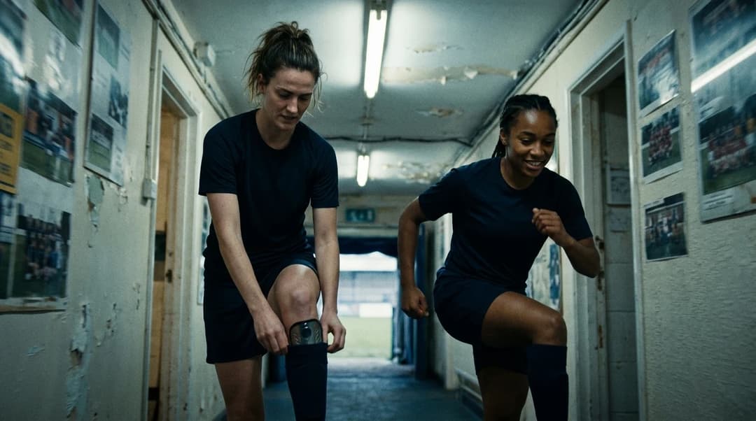 Two female footballers in a stadium corridor, preparing for a match.