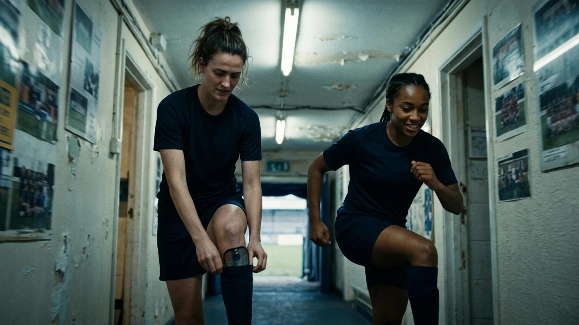 Two female footballers in a stadium corridor, preparing for a match.