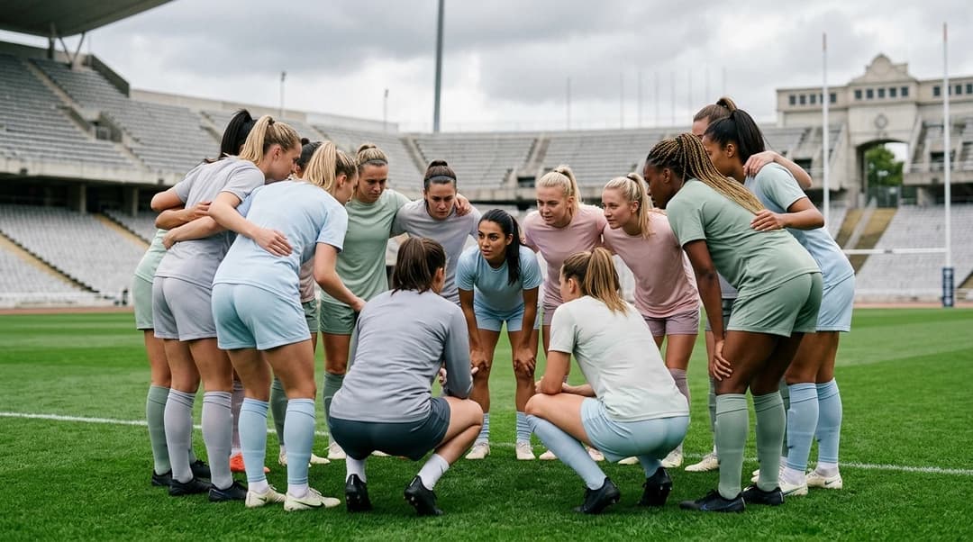 A women's football team in a huddle, showing expressions of focus and determination before a match.