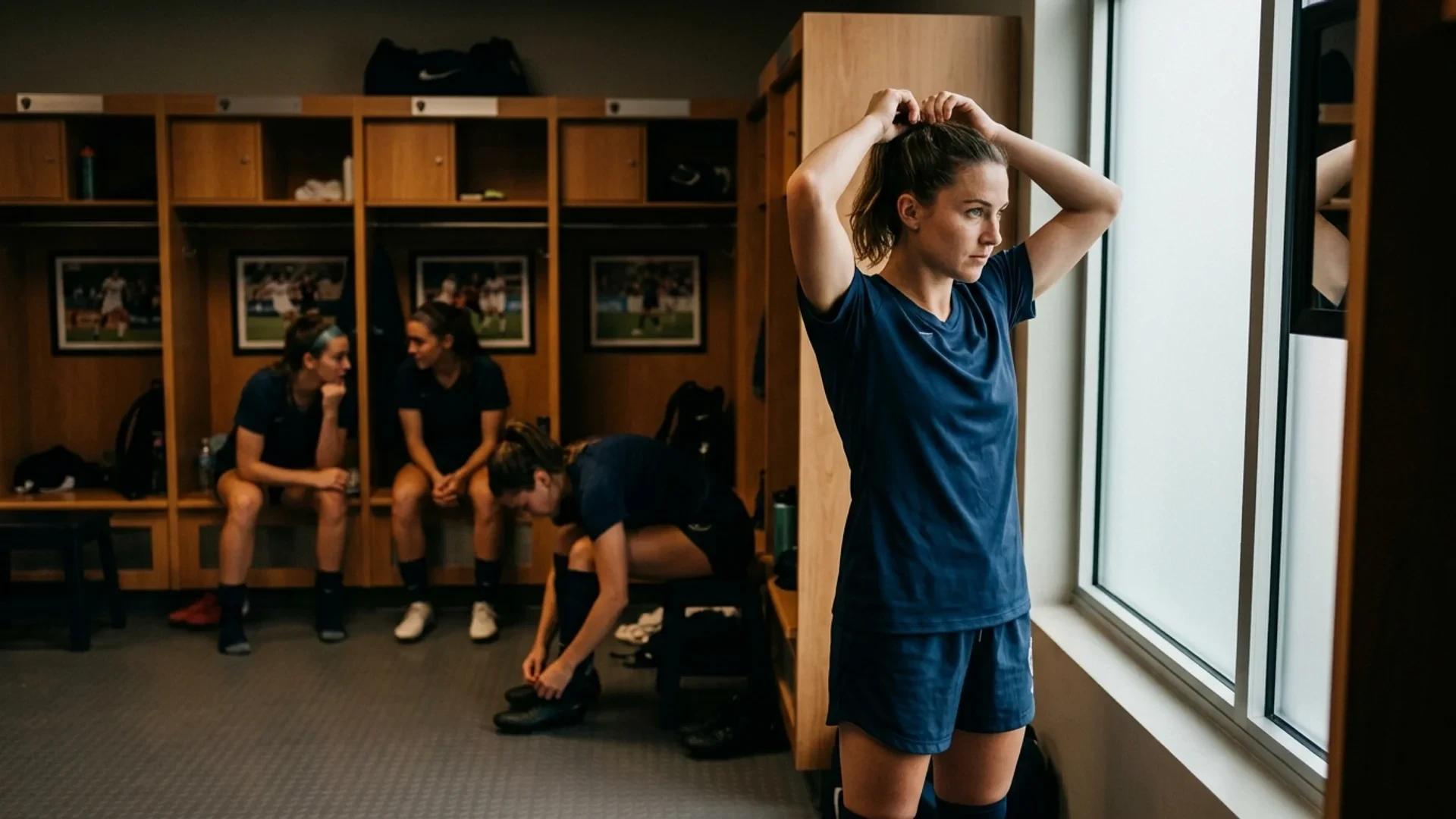 A sports locker room scene with female football players preparing for a match, illuminated by soft window light.