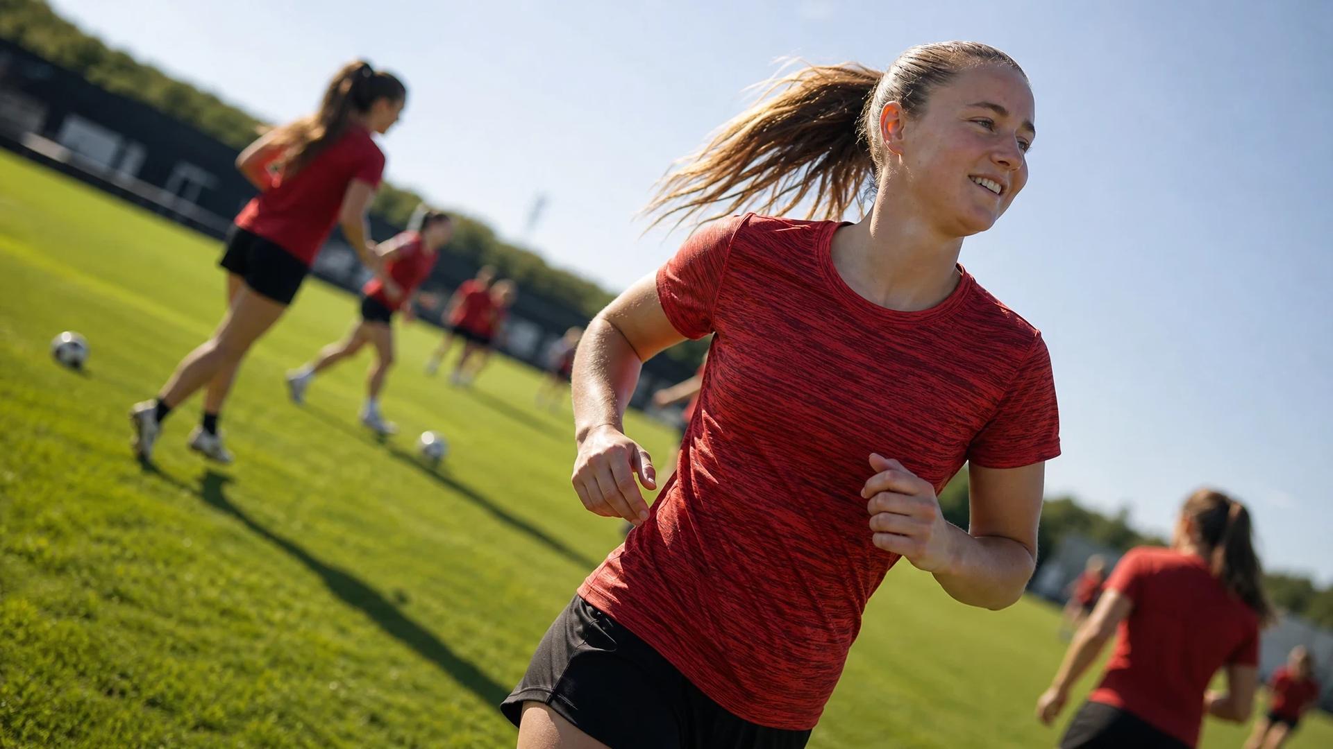 A female football player in mid-sprint on a training pitch under bright sunlight, showcasing dynamic movement.