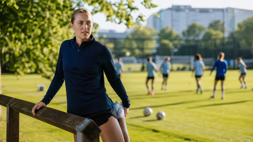 Goalkeeper Anna Moorhouse stretching her legs in preparation for training at Manchester City.