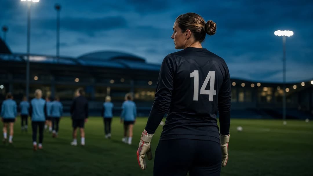 Anna Moorhouse stands on the training pitch at Manchester City, wearing her number 14 shirt, with the stadium visible in the background.