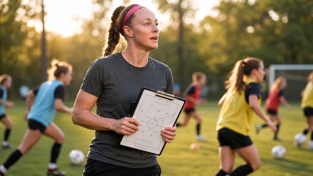 Becky Sauerbrunn stands on the sidelines with a clipboard during a training session at Portland Thorns.