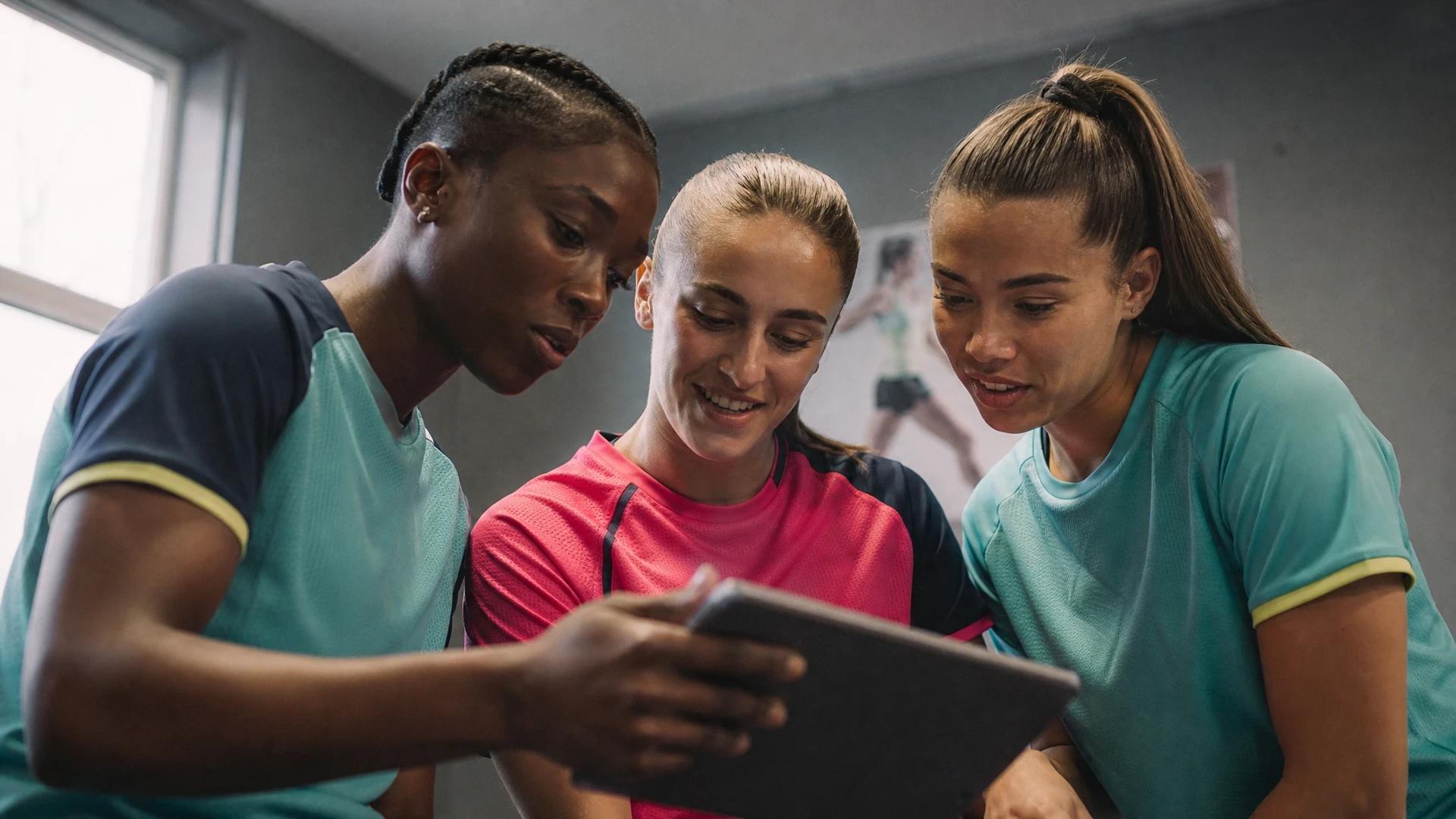Three female football players closely examining a tablet during training.