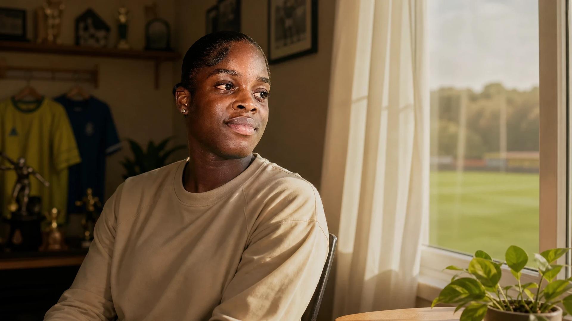 A close-up of Comfort Erhabor, a young Nigerian goalkeeper, standing by a window bathed in soft light.