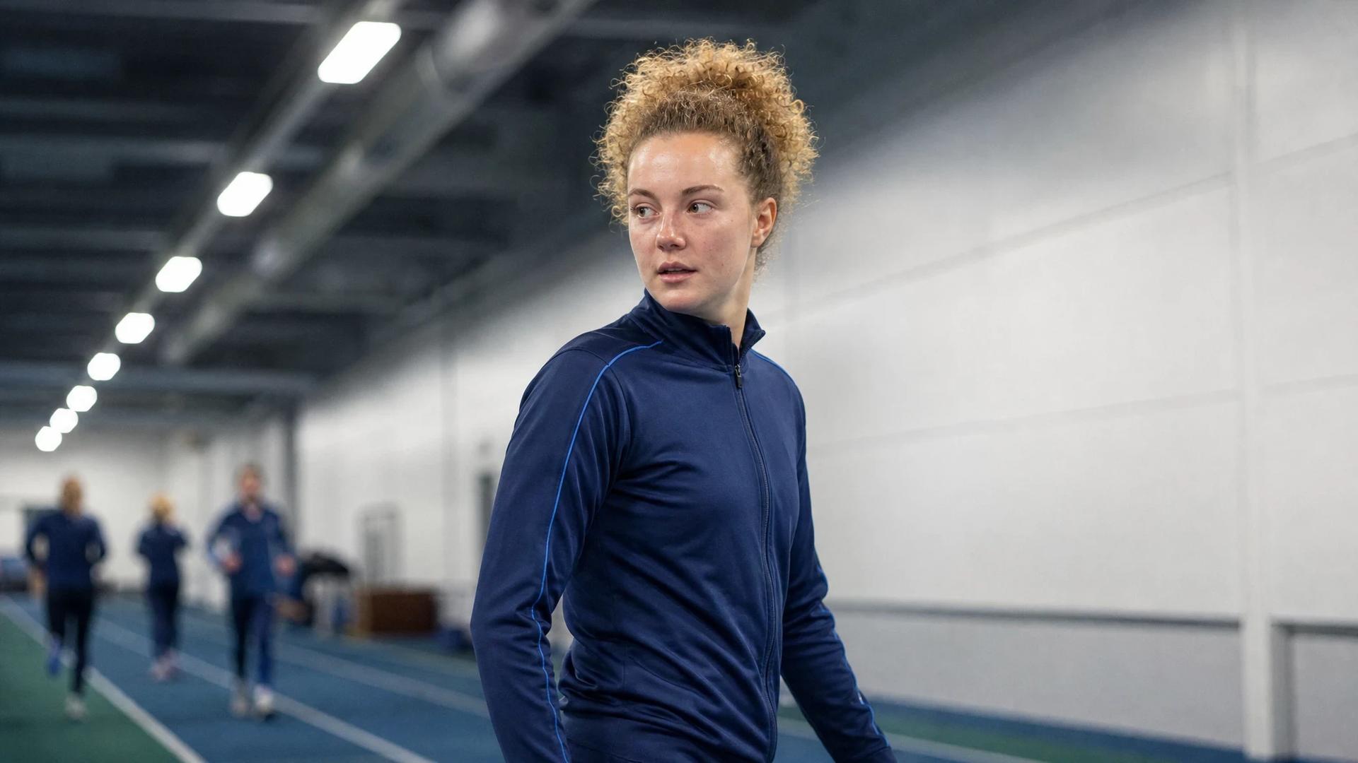 A young female football player, Mary McAteer, is poised at the edge of a training pitch, appearing eager and determined.