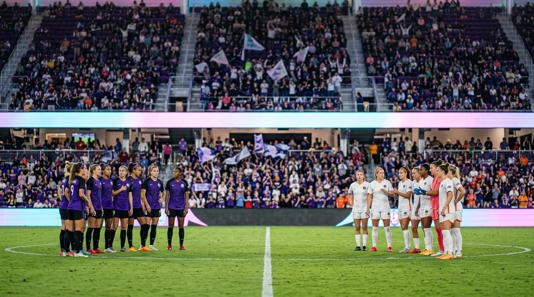 Players from Orlando Pride and Houston Dash stand in anticipation before the match.