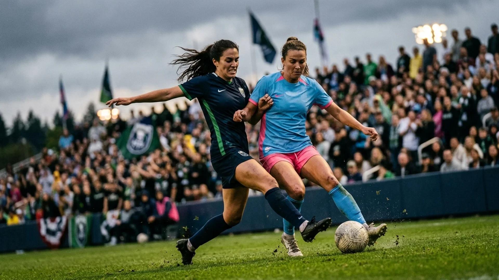 A close-up of two female football players in action during a match.