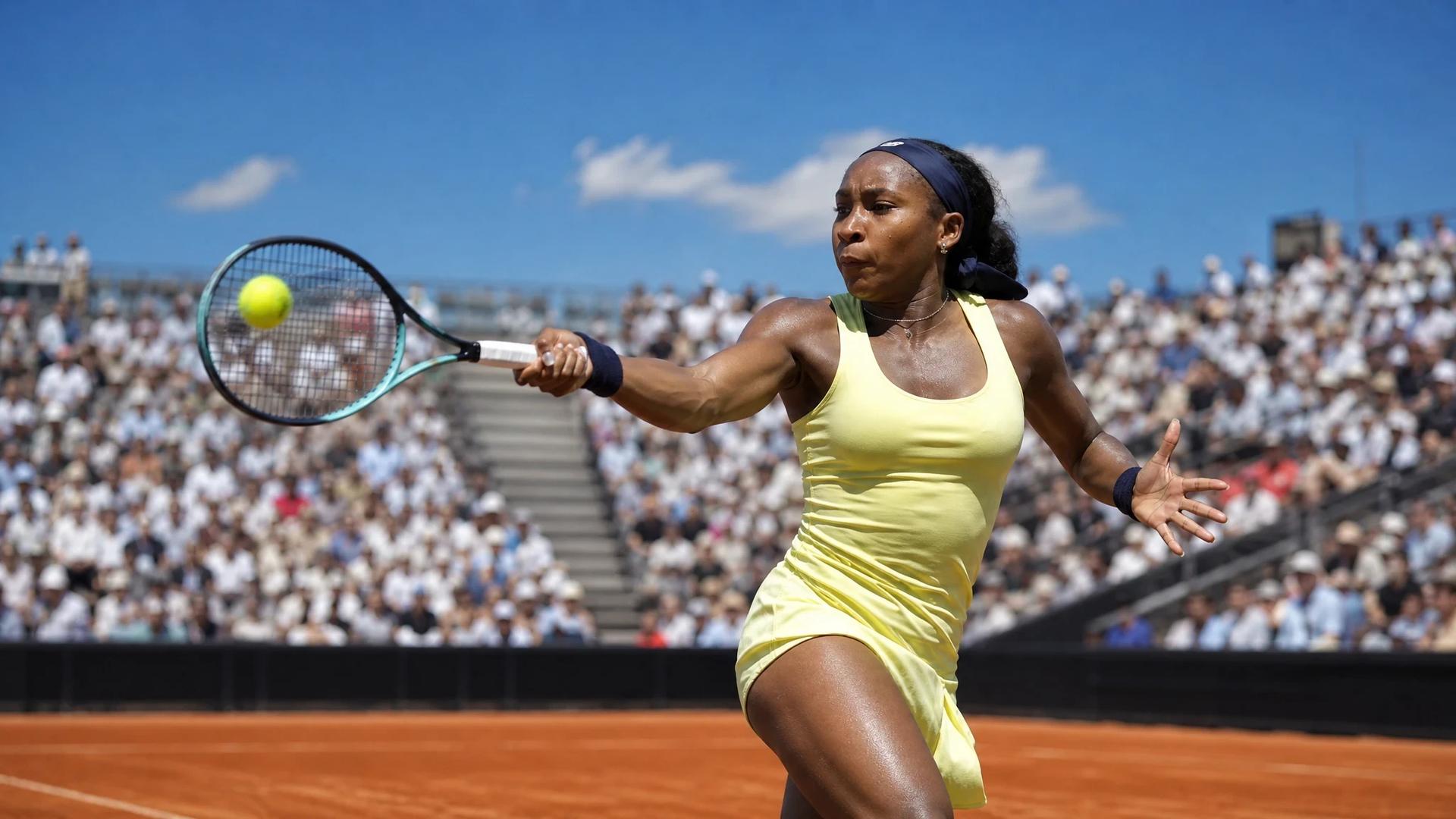 Coco Gauff striking a forehand during a tennis match at Flushing Meadows.