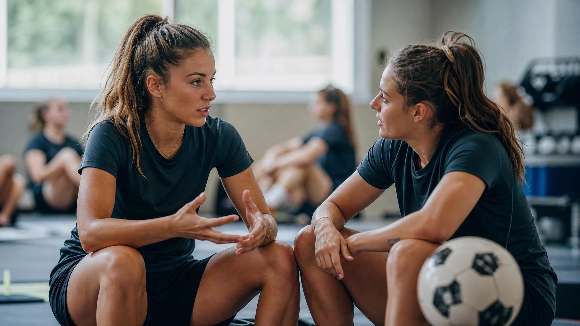 Louna Ribadeira and Lucie Calba discussing strategies in a softly lit training facility.