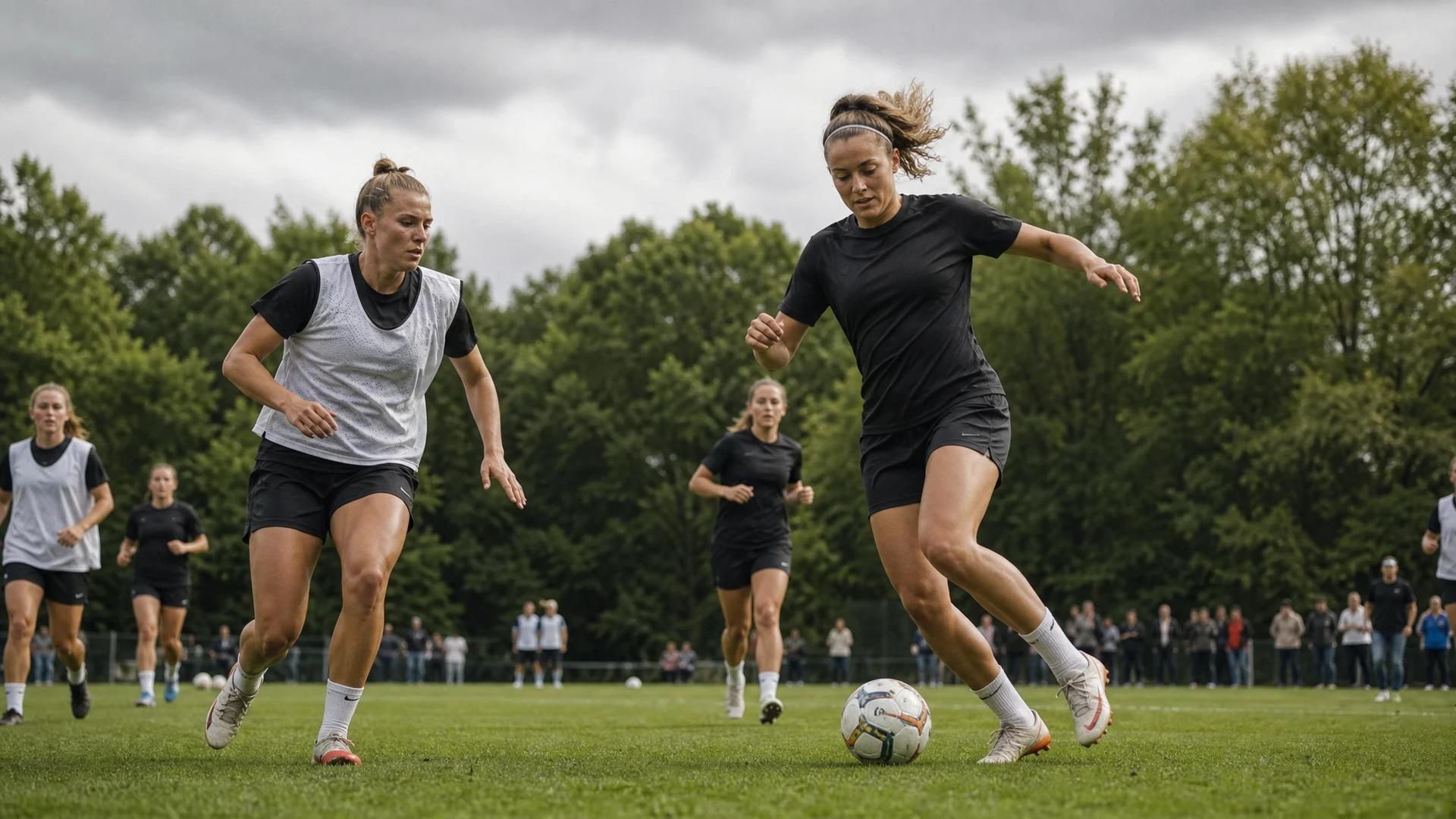 Arsenal Women's football team training with a focus on player skills, surrounded by spectators on a vibrant training ground.