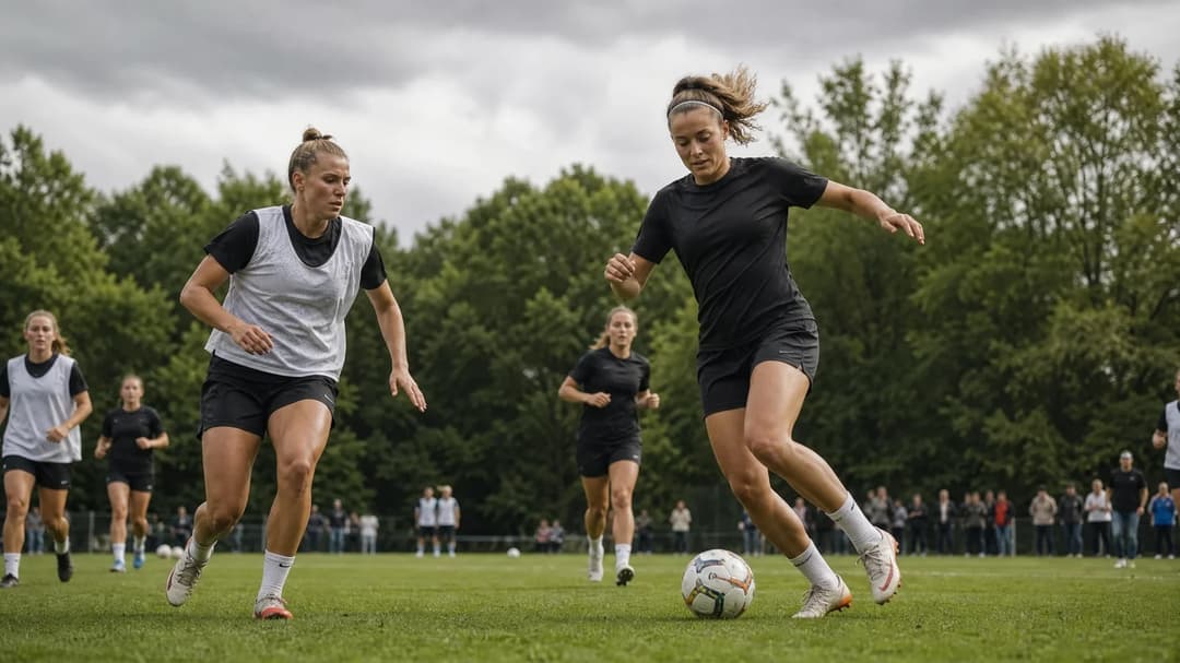 Arsenal Women's football team training with a focus on player skills, surrounded by spectators on a vibrant training ground.