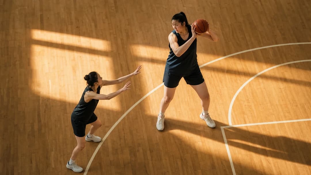 A bird's-eye view of Zhang Ziyu and Han Xu practicing basketball on a court, highlighting their height difference.