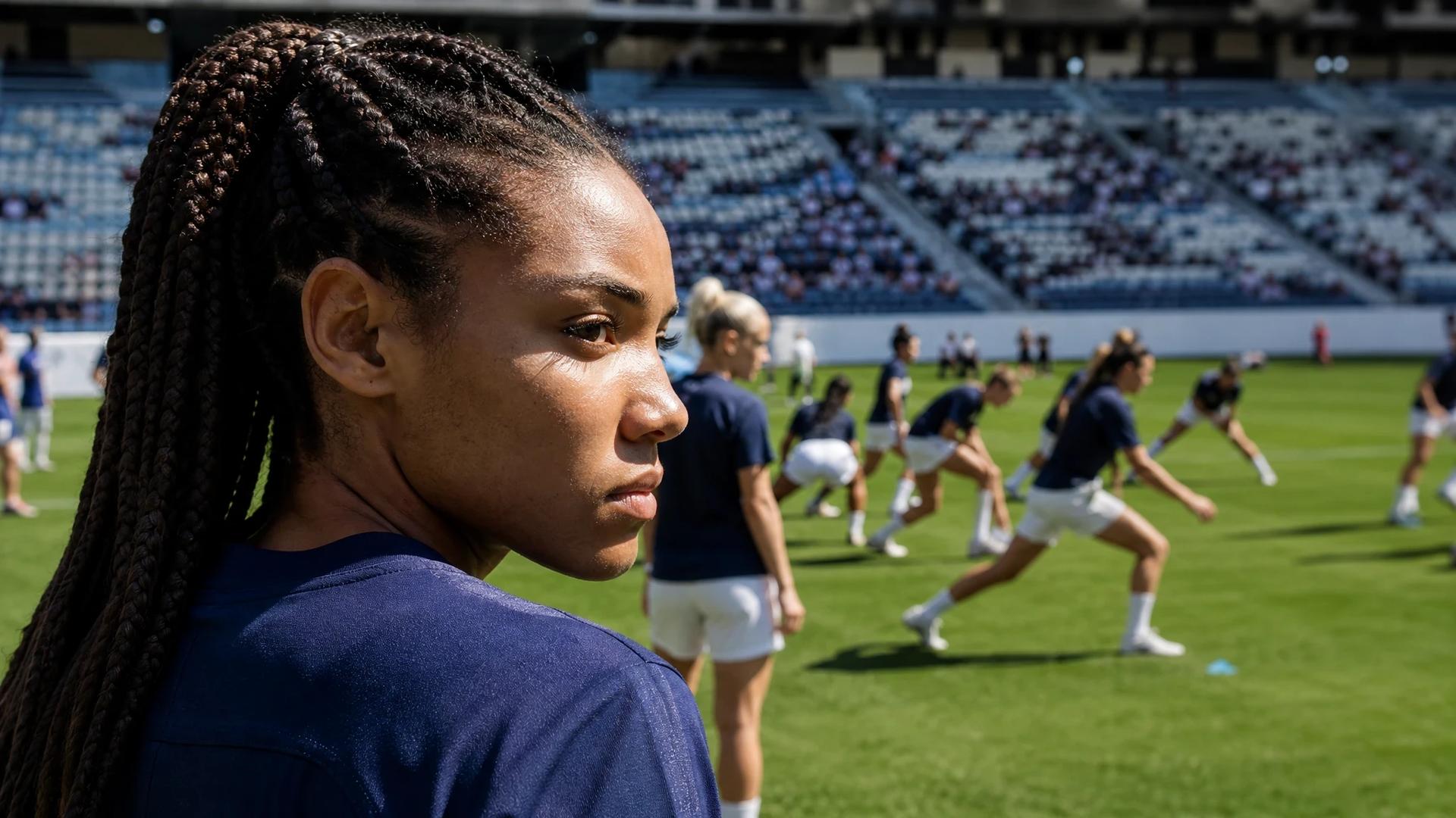 A female football player, Salma Paralluelo, looks out onto the pitch before a match, surrounded by her teammates preparing.