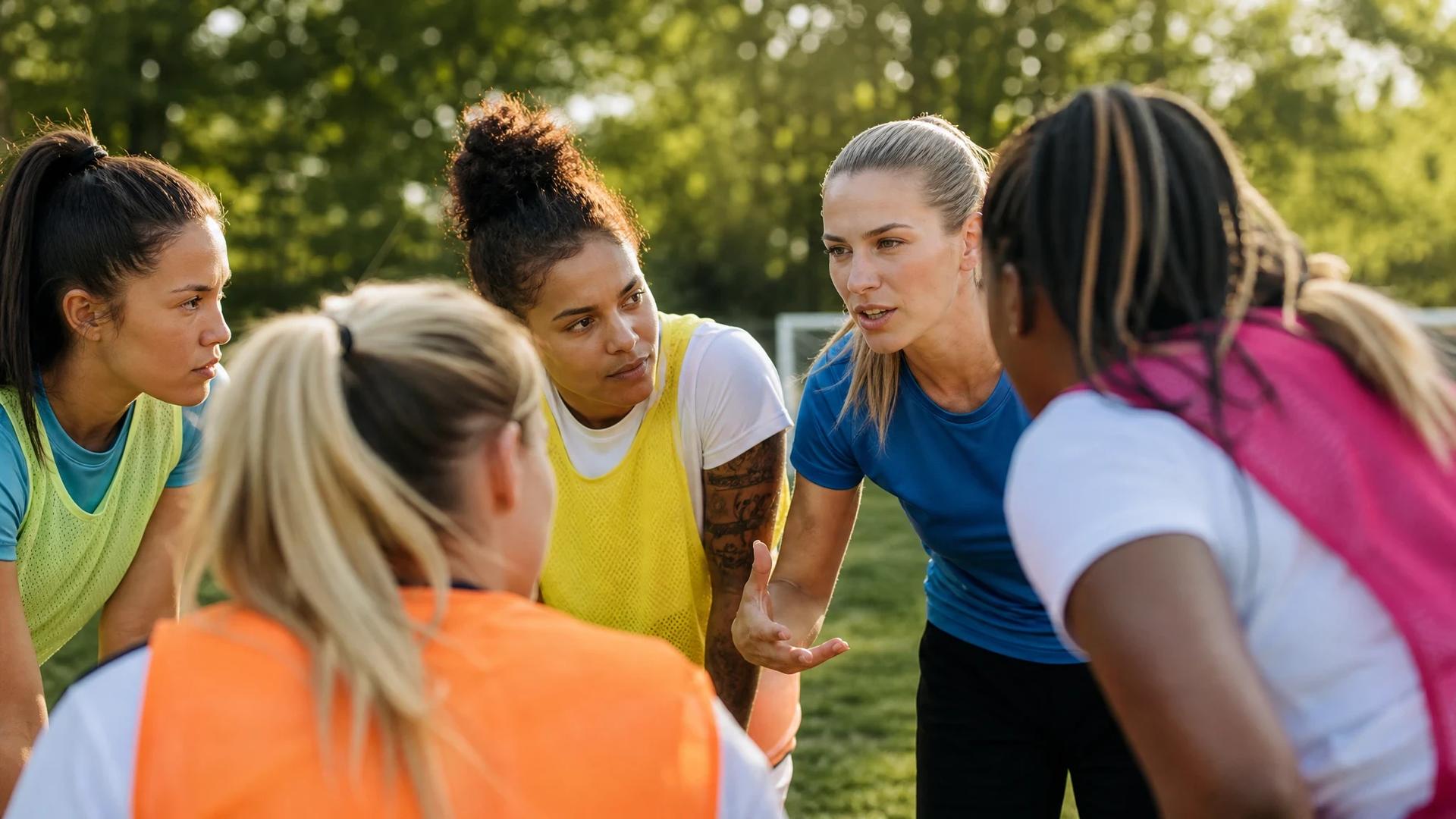 A group of female football players engaged in a strategic discussion on a training pitch.