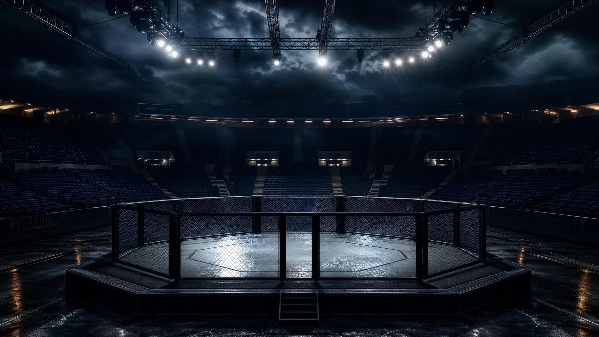 A wide shot of an empty UFC octagon illuminated under dark storm clouds after a fight.