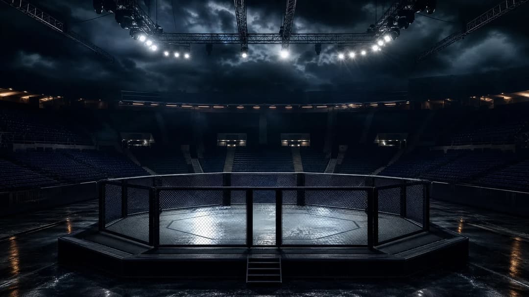A wide shot of an empty UFC octagon illuminated under dark storm clouds after a fight.