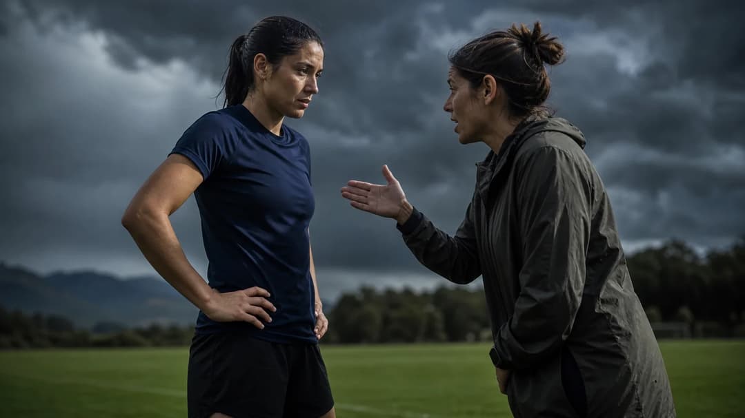 Rebeca Bernal and Eva Olid engaged in conversation under stormy skies.