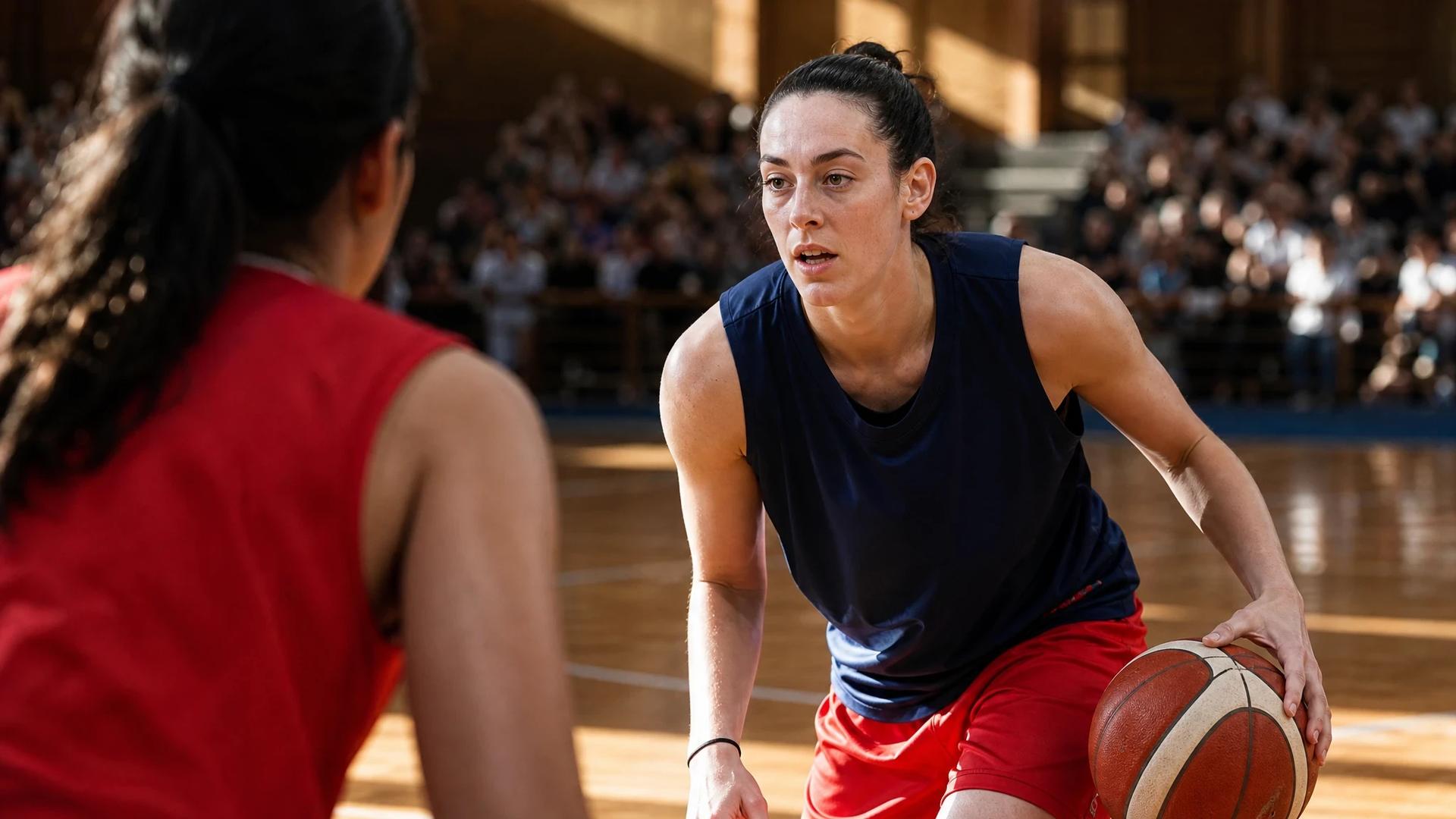 A focused female basketball player dribbles a ball in an indoor sports arena filled with spectators.