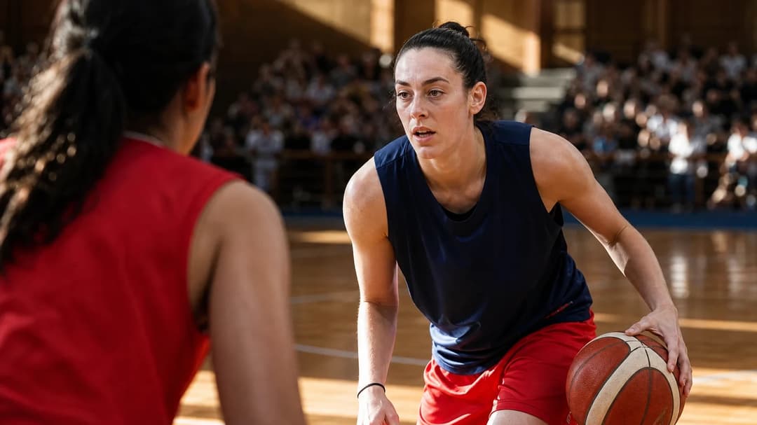 A focused female basketball player dribbles a ball in an indoor sports arena filled with spectators.