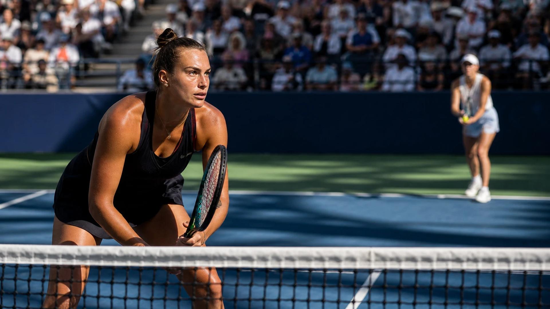 Aryna Sabalenka poised at the net during a match at the US Open, with Polina Iatcenko ready to serve in the background.