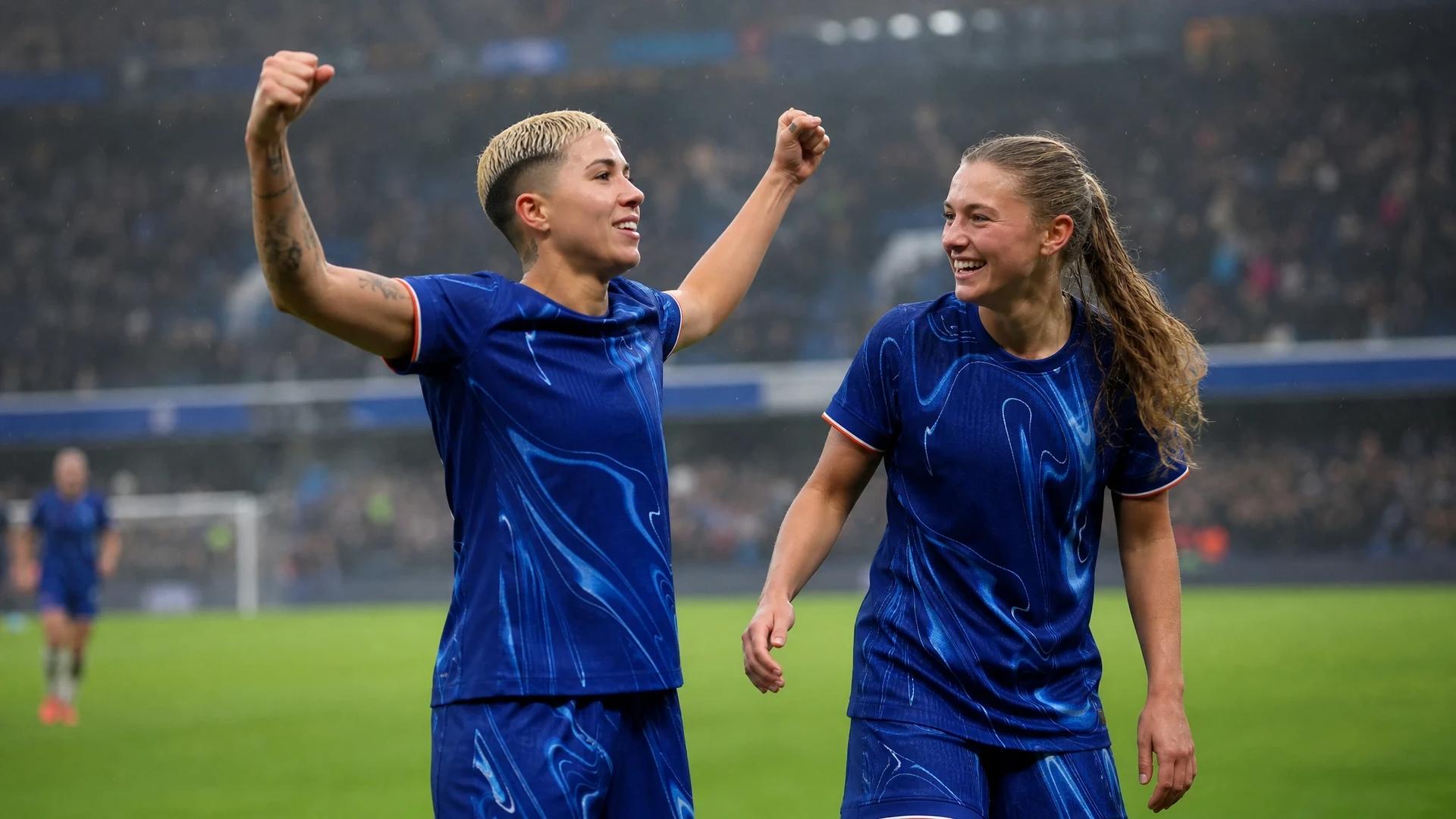 Ellie Carpenter and Aggie Beever-Jones celebrating on the pitch at Stamford Bridge.