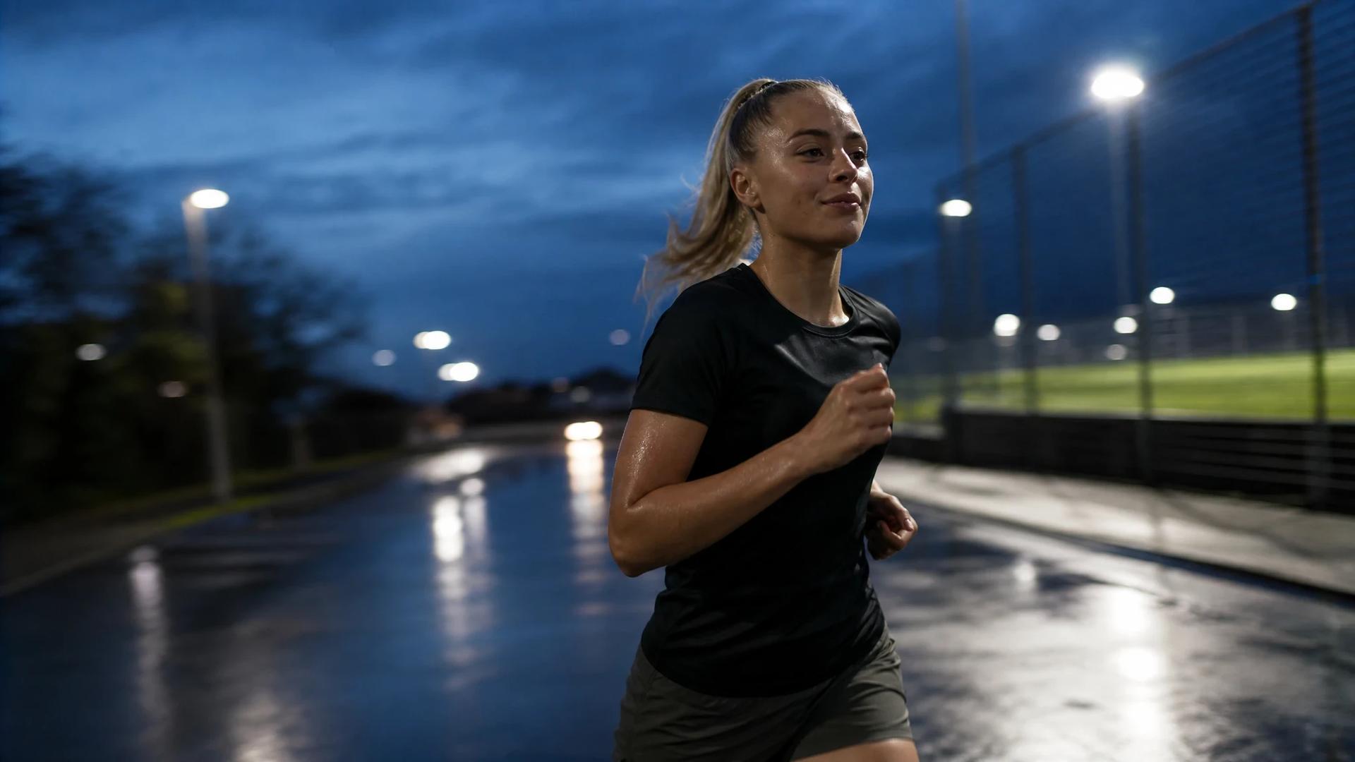 A dynamic photograph of Ria Bose running on a wet street during dusk.