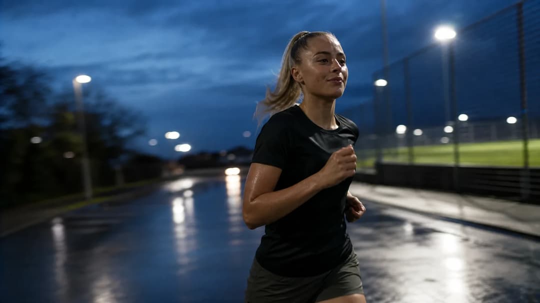 A dynamic photograph of Ria Bose running on a wet street during dusk.
