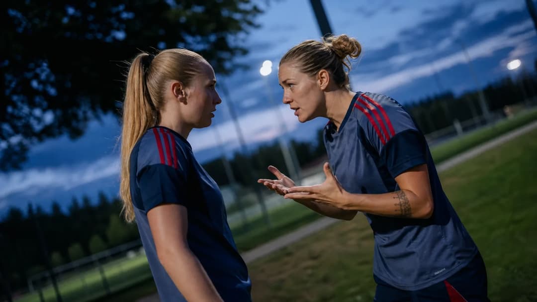 Two female football players discussing strategy at dusk, with a blurred training pitch in the background.
