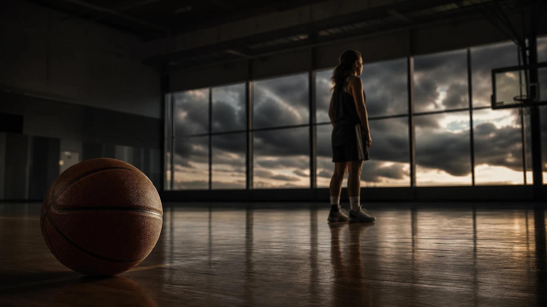 A close-up of a basketball on a polished floor, with a player looking out at a stormy sky through large windows.