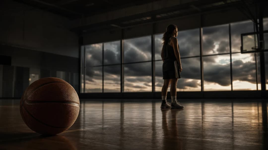 A close-up of a basketball on a polished floor, with a player looking out at a stormy sky through large windows.