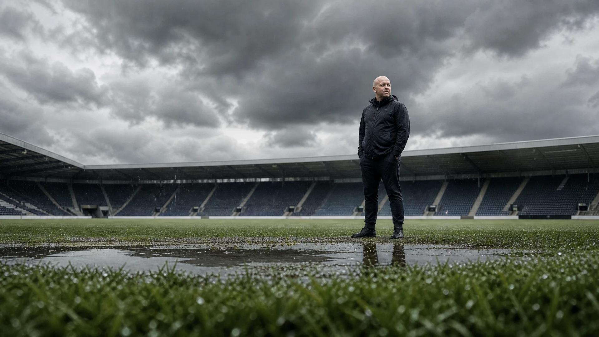 Scott Phelan standing on a rain-soaked pitch with an empty stadium in the background under a stormy sky.