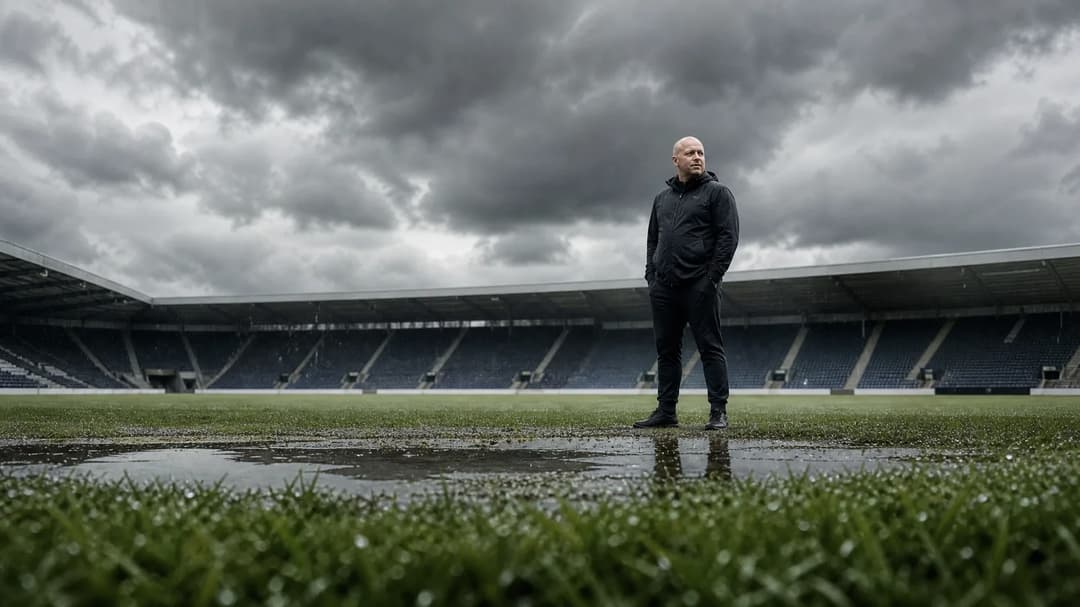 Scott Phelan standing on a rain-soaked pitch with an empty stadium in the background under a stormy sky.